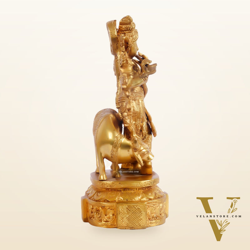 Krishna with cow and Peacock Brass Statue 12 inch