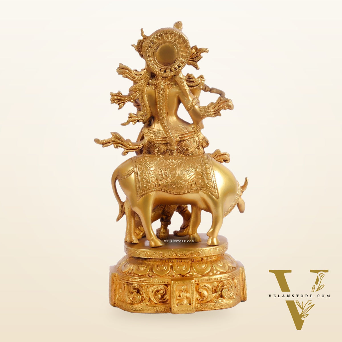 Krishna with cow and Peacock Brass Statue 12 inch