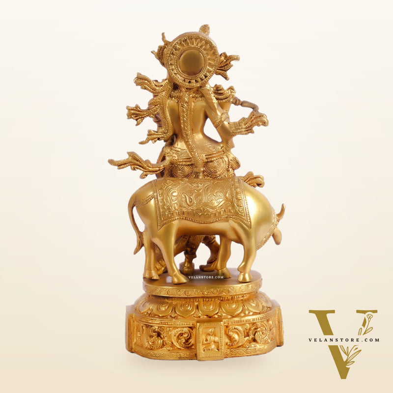 Krishna with cow and Peacock Brass Statue 12 inch