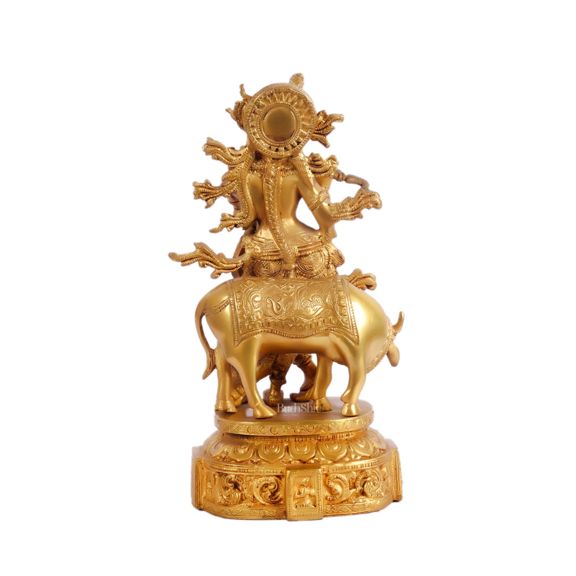 Krishna with cow and Peacock Brass Statue 12 inch