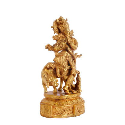 Krishna with cow and Peacock Brass Statue 12 inch