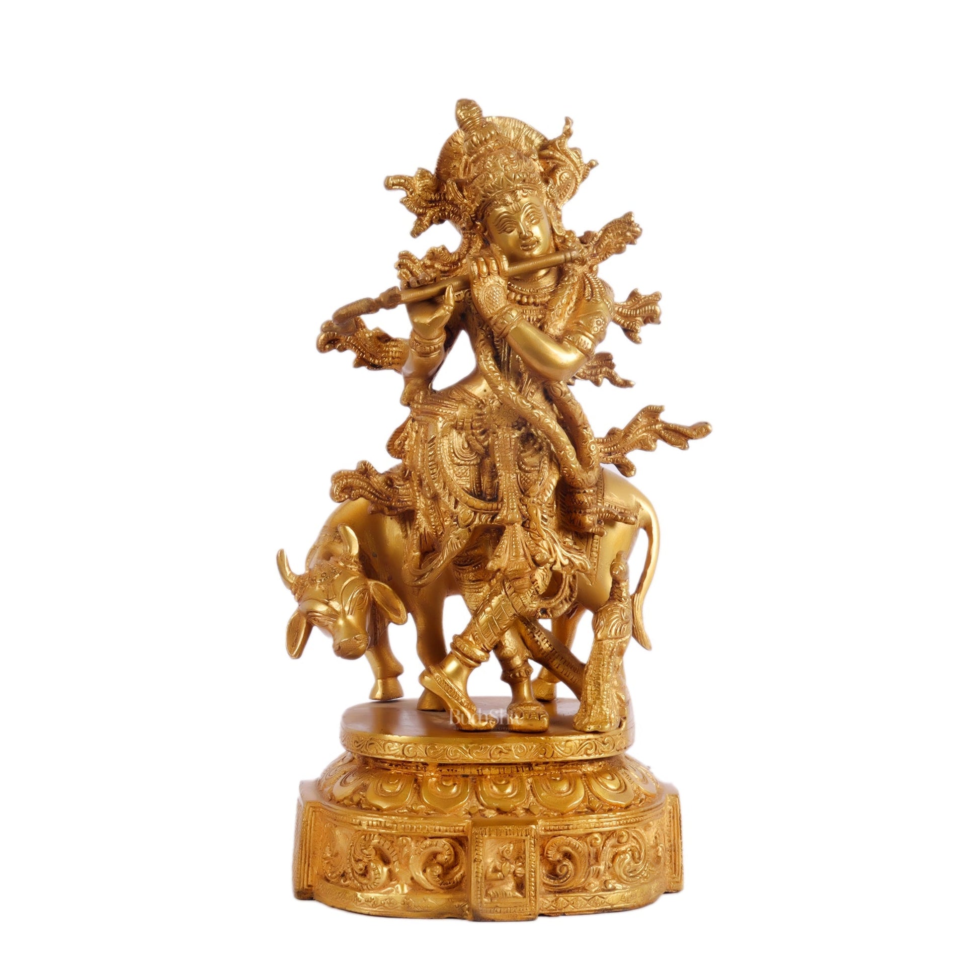 Krishna with cow and Peacock Brass Statue 12 inch