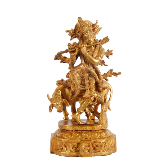 Krishna with cow and Peacock Brass Statue 12 inch