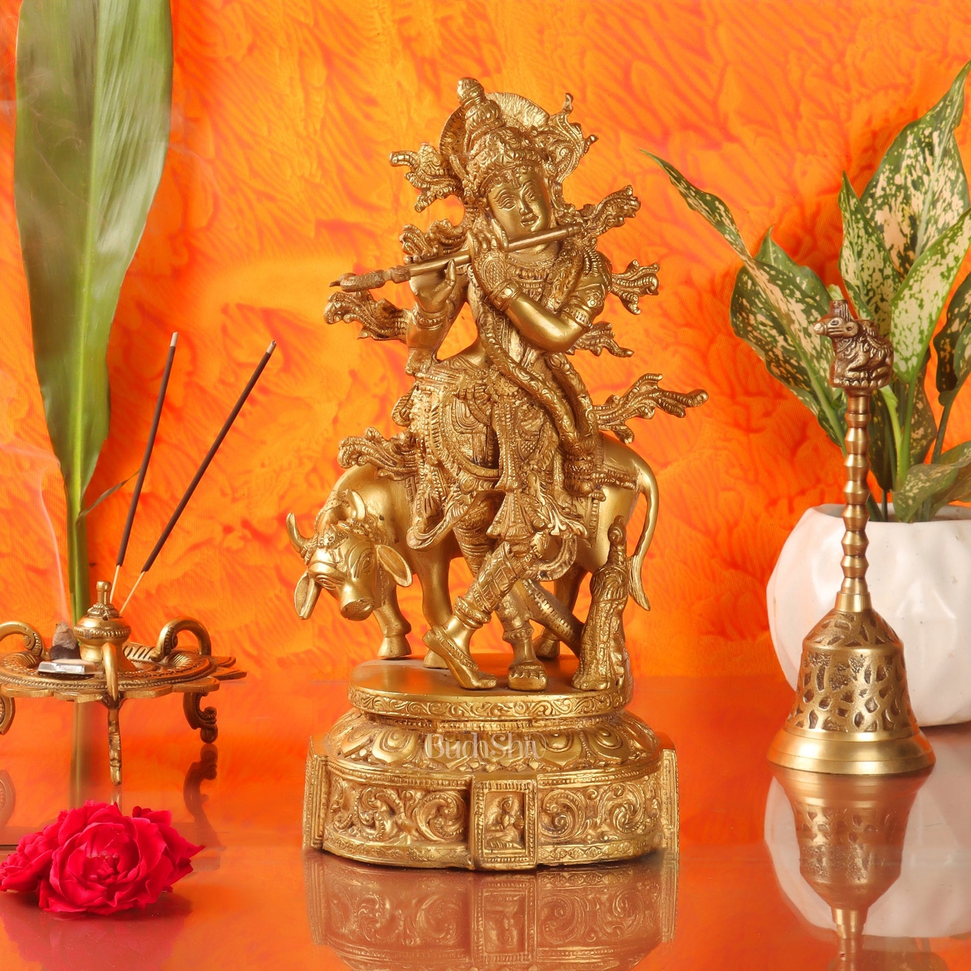 Krishna with cow and Peacock Brass Statue 12 inch