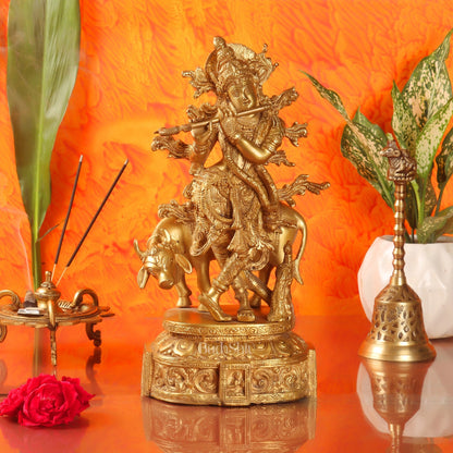 Krishna with cow and Peacock Brass Statue 12 inch