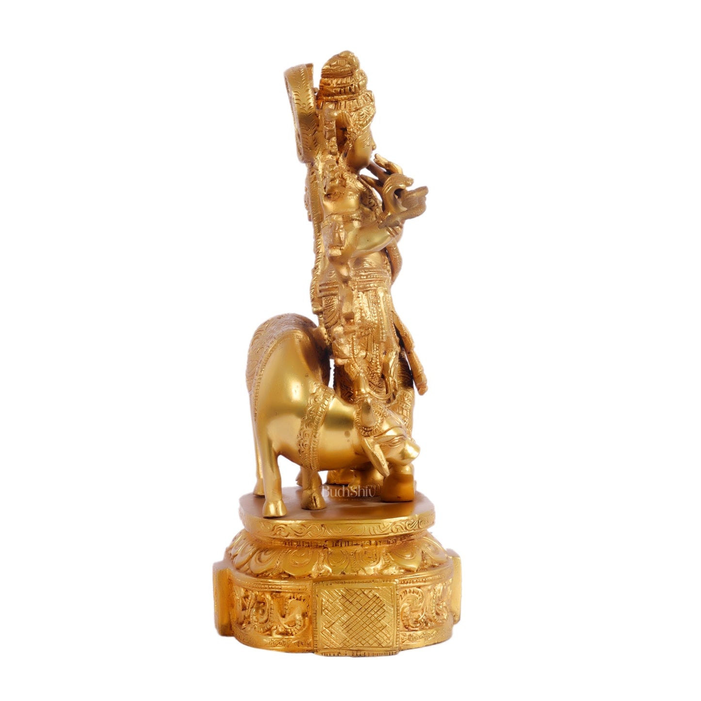 Krishna with cow and Peacock Brass Statue 12 inch