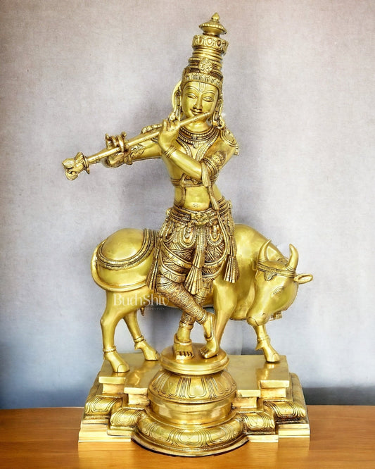 Krishna with cow Brass idol 26 inch