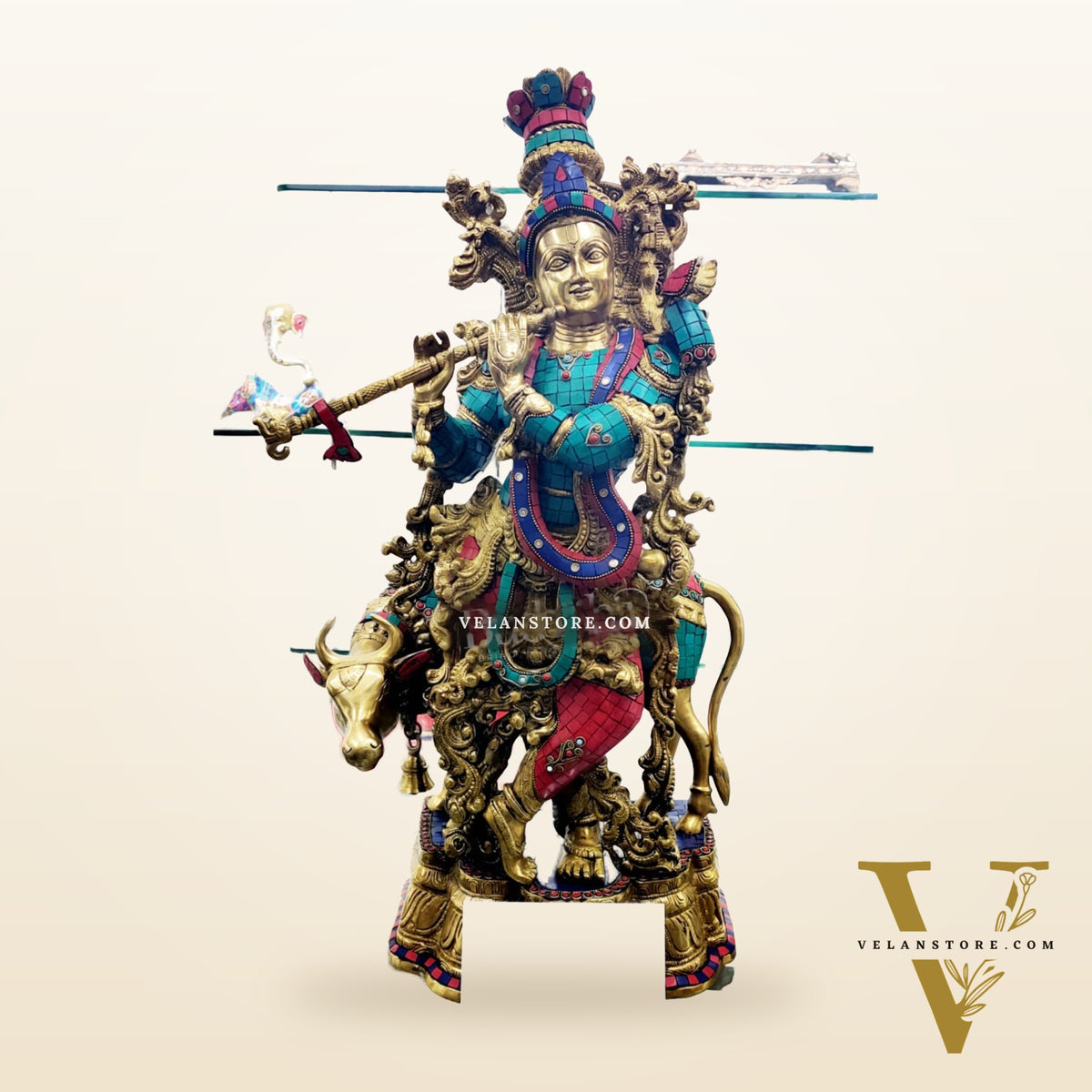 Krishna with Cow Brass Idol 27 inch