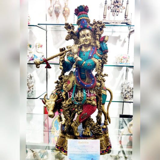 Krishna with Cow Brass Idol 27 inch