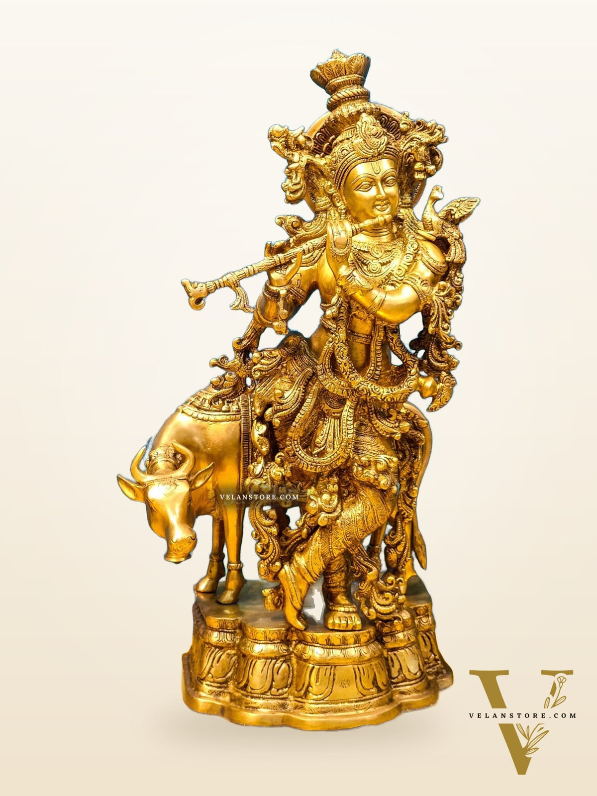Krishna with Cow Brass Idol - Pure Fine Brass, 26.5" Tall, 26kg