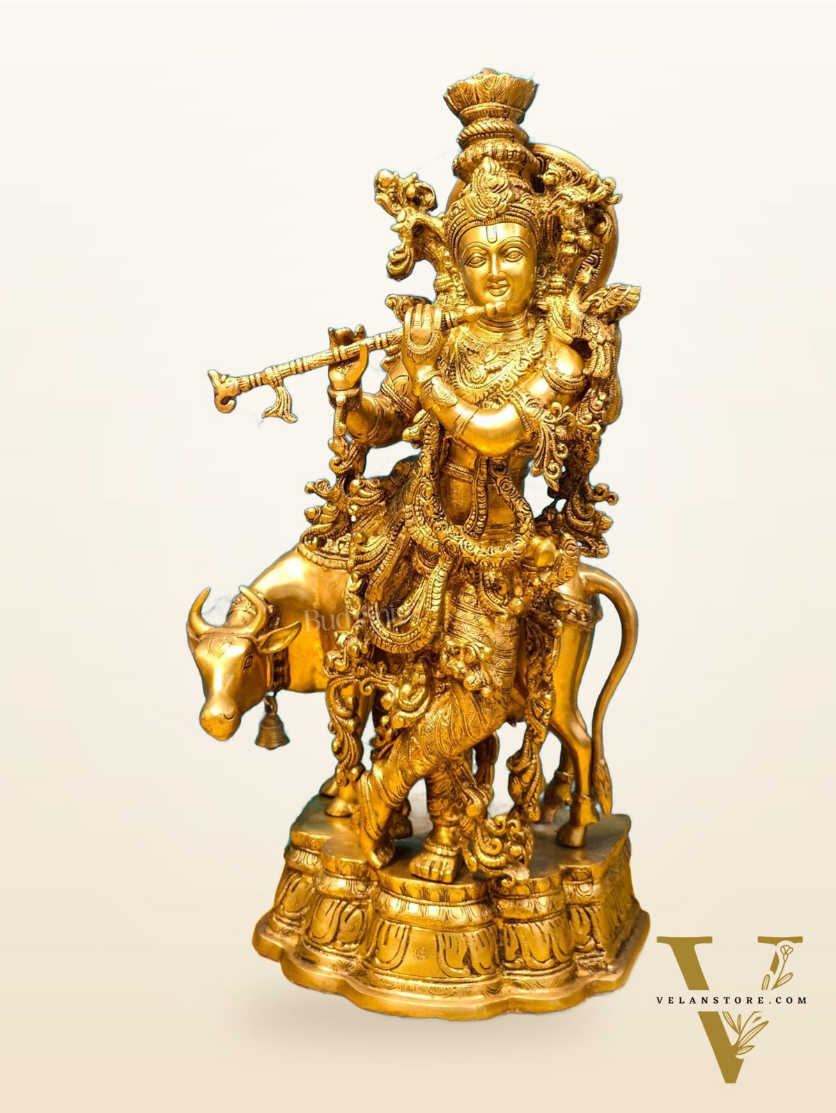 Krishna with Cow Brass Idol - Pure Fine Brass, 26.5" Tall, 26kg