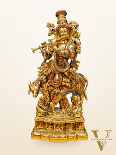 Krishna with cow Brass Idol with Brass Chipwork and Stonework 29 inch