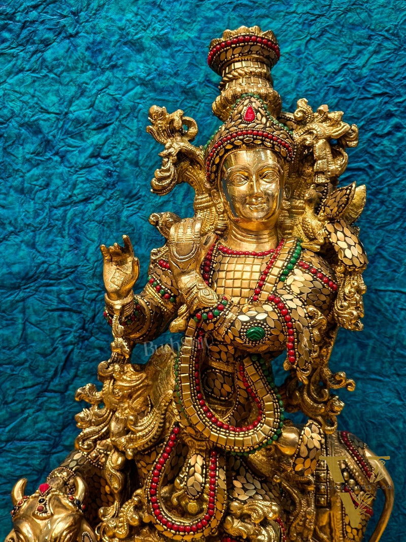 Krishna with cow Brass Idol with Brass Chipwork and Stonework 29 inch