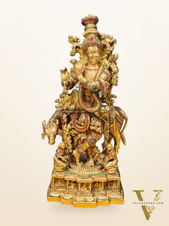 Krishna with cow Brass Idol with Brass Chipwork and Stonework 29 inch