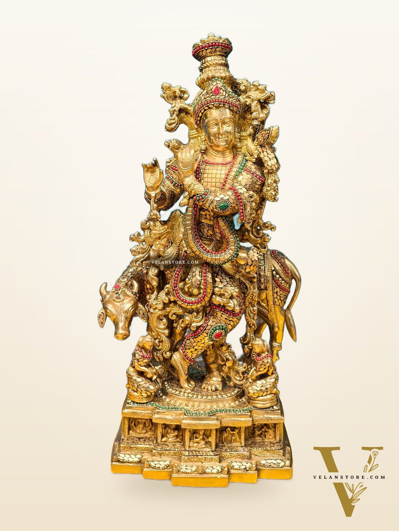 Krishna with cow Brass Idol with Brass Chipwork and Stonework 29 inch