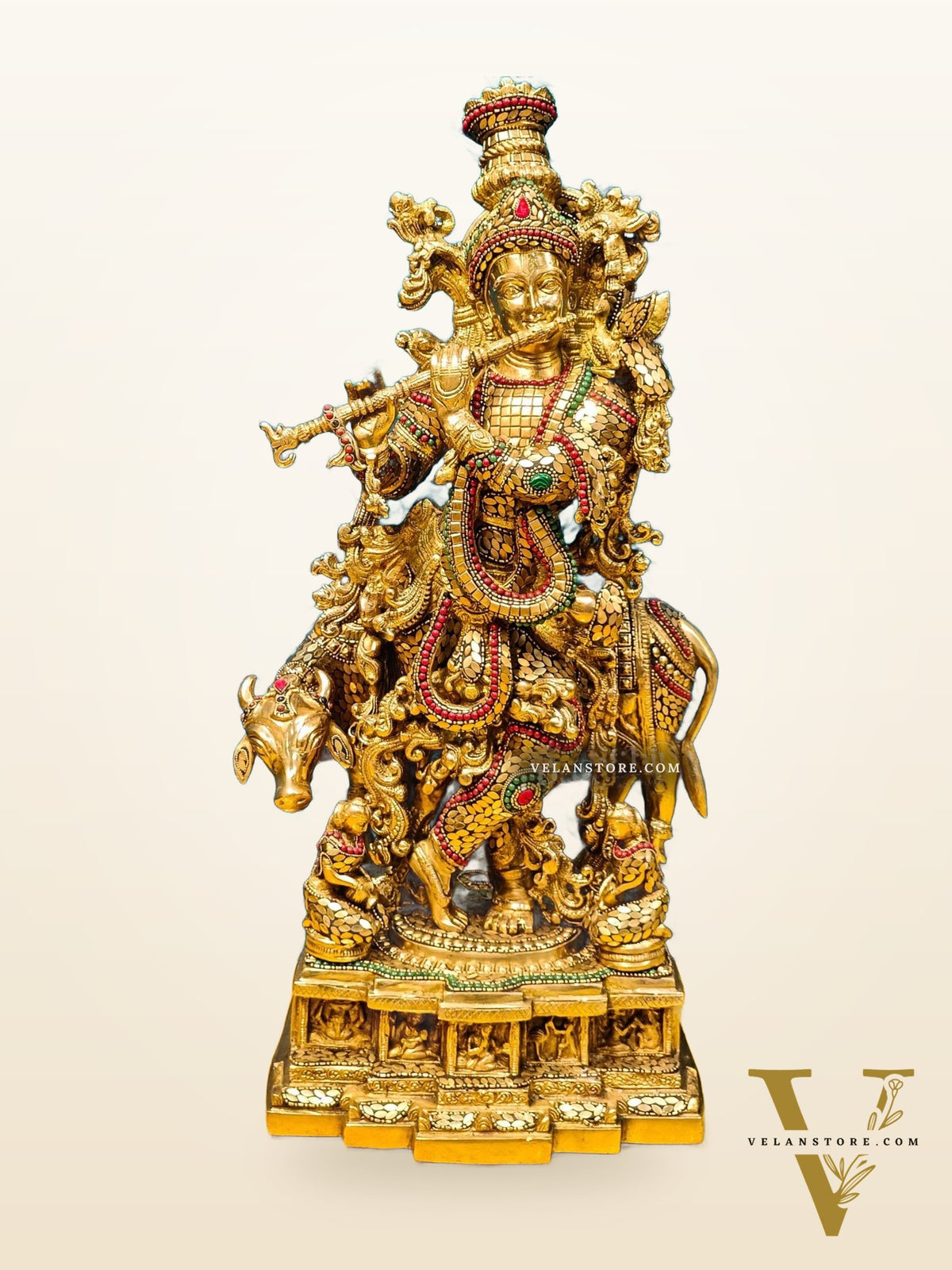 Krishna with cow Brass Idol with Brass Chipwork and Stonework 29 inch