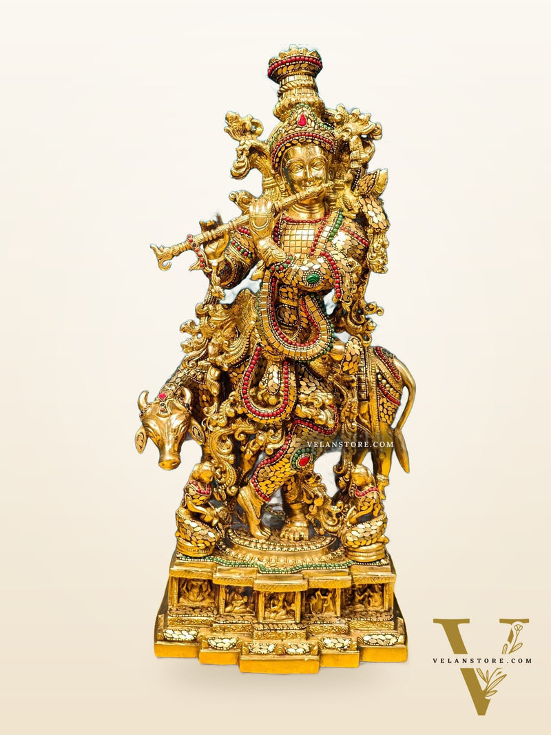 Krishna with cow Brass Idol with Brass Chipwork and Stonework 29 inch