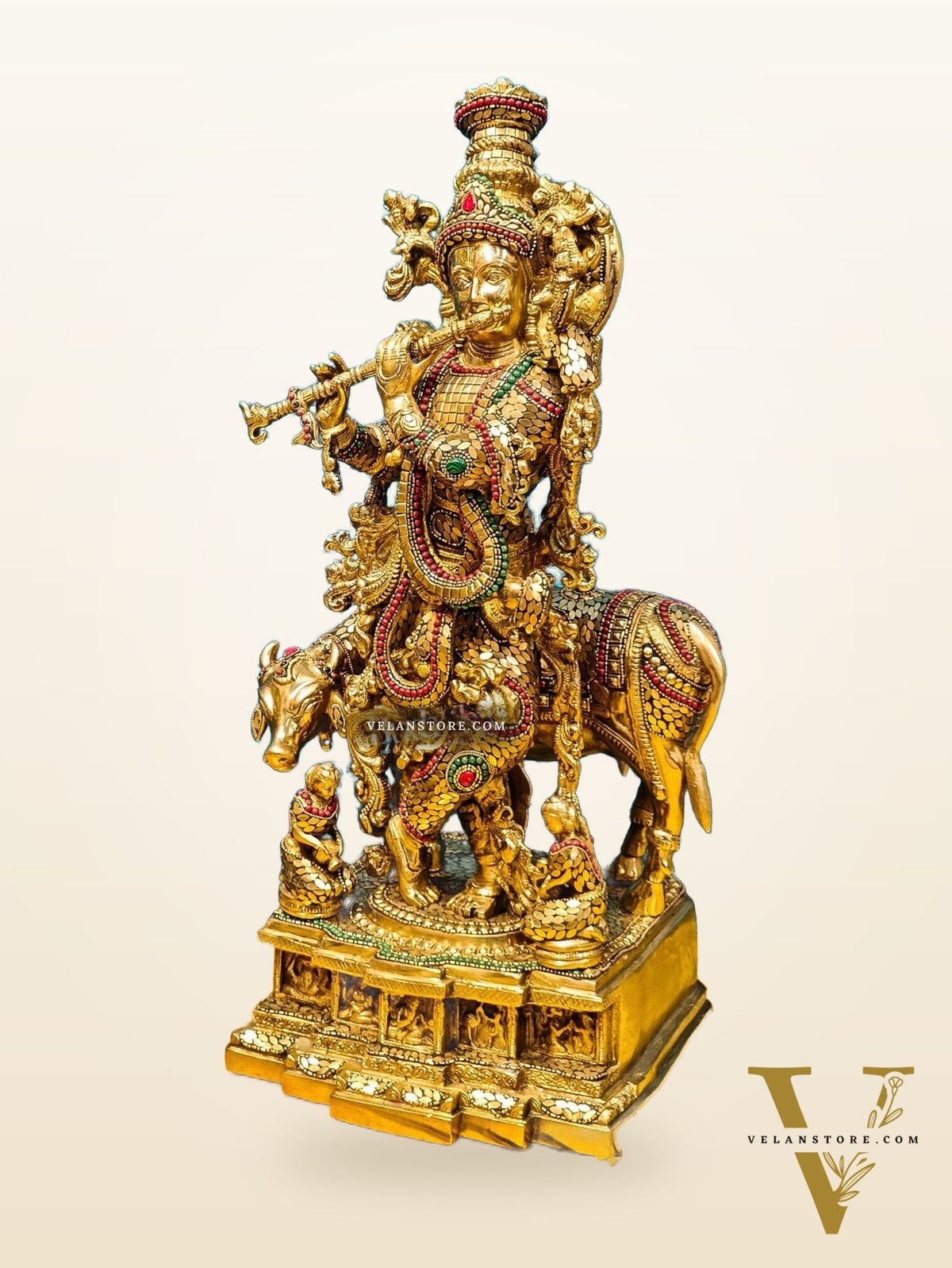 Krishna with cow Brass Idol with Brass Chipwork and Stonework 29 inch