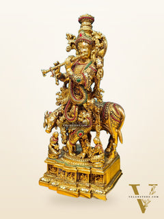 Krishna with cow Brass Idol with Brass Chipwork and Stonework 29 inch