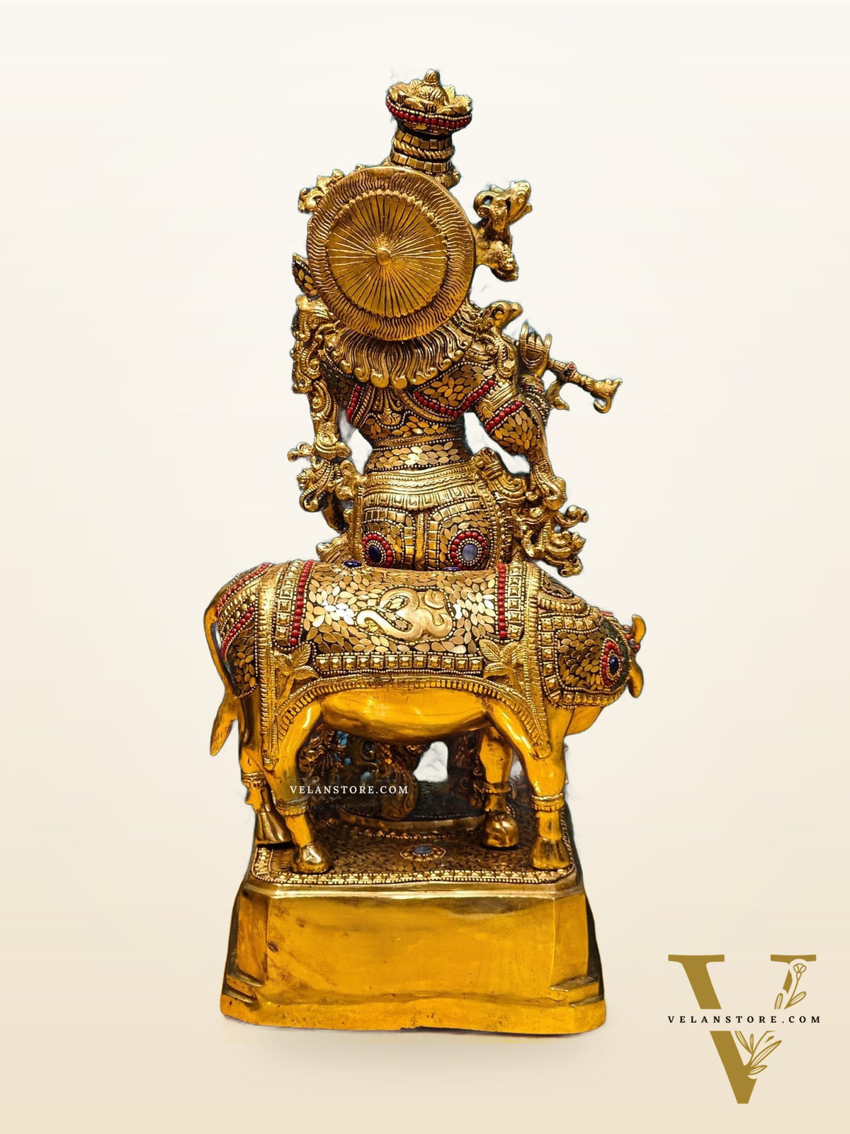 Krishna with cow Brass Idol with Brass Chipwork and Stonework 29 inch