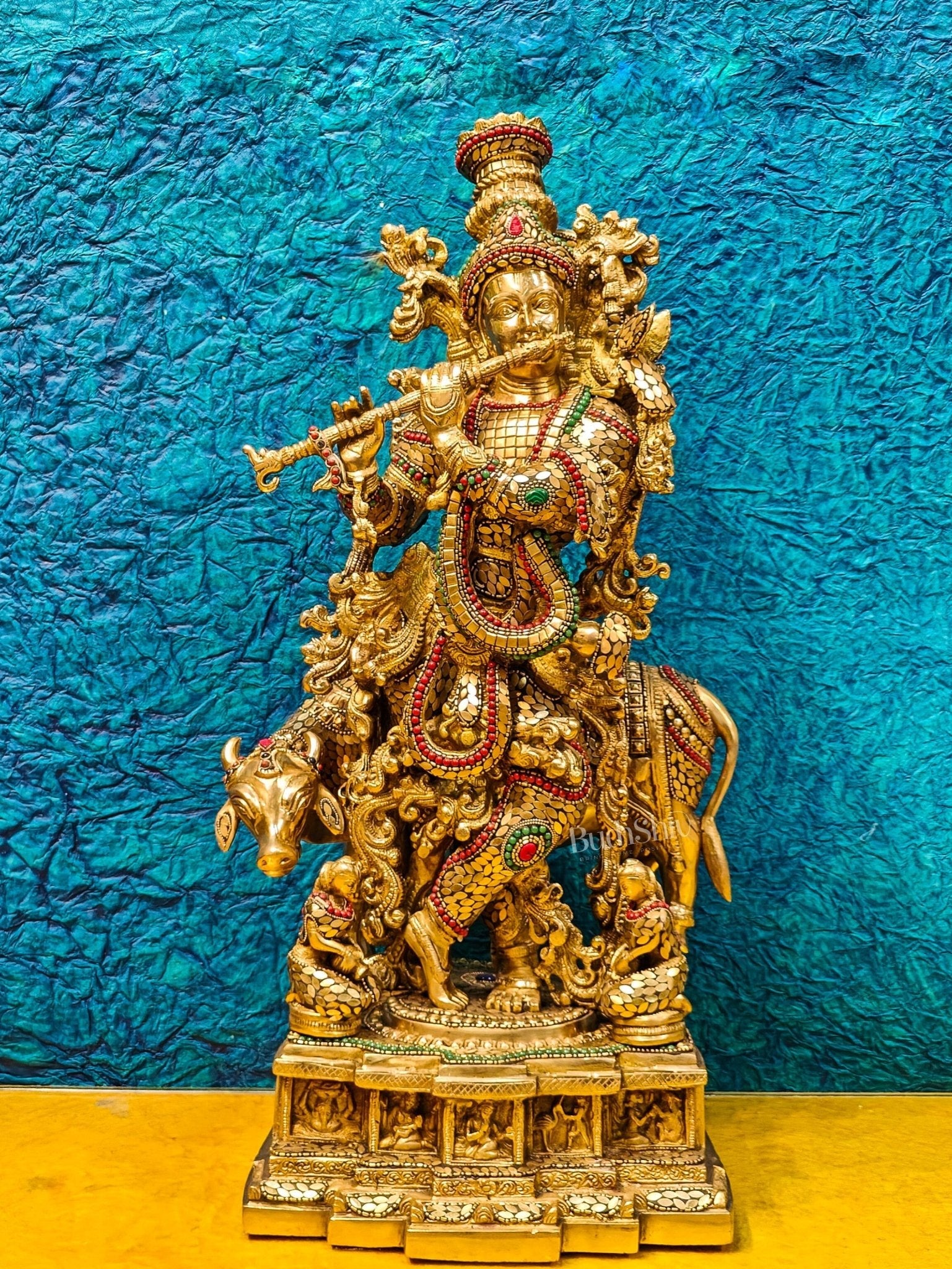 Krishna with cow Brass Idol with Brass Chipwork and Stonework 29 inch