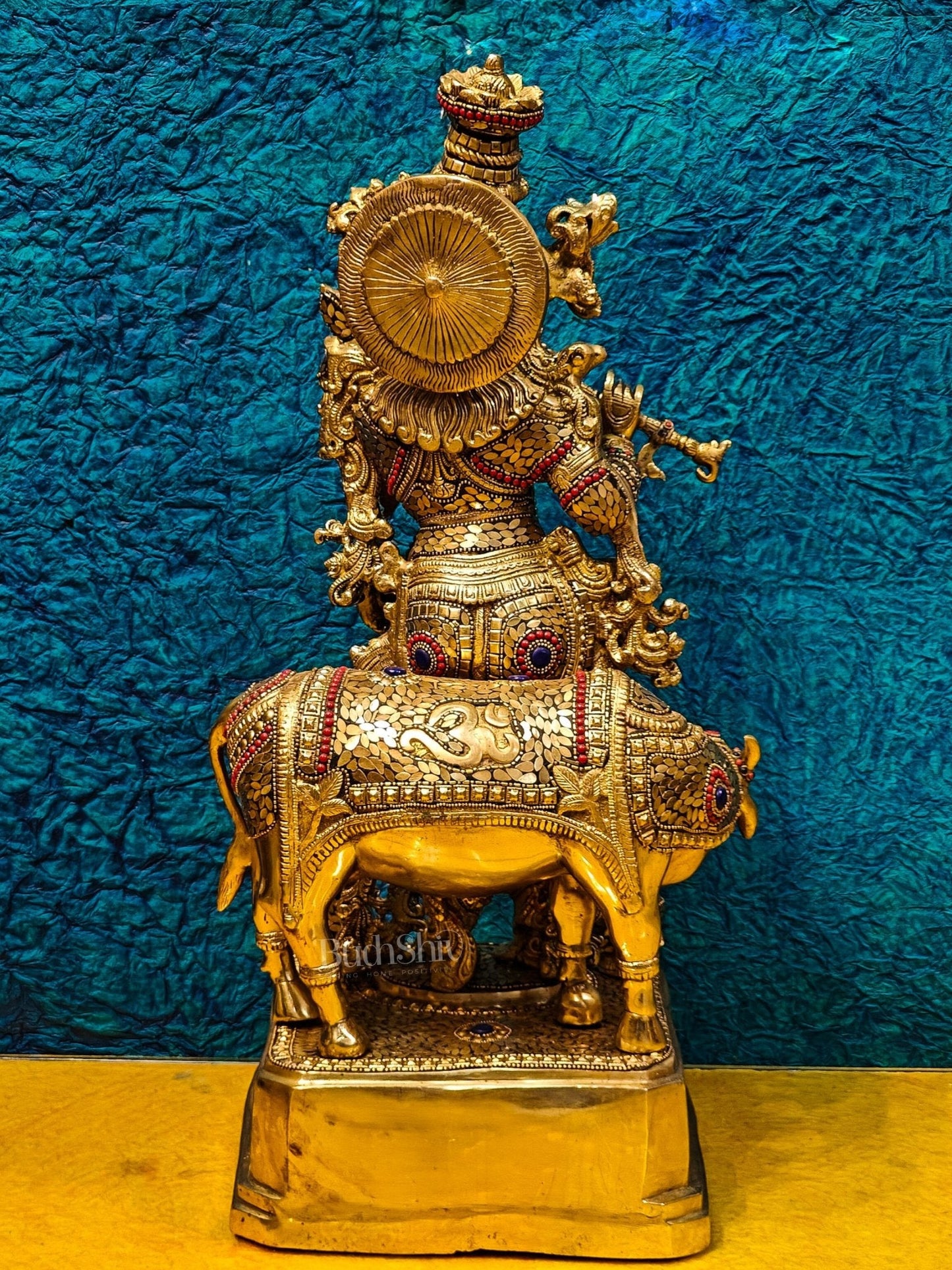 Krishna with cow Brass Idol with Brass Chipwork and Stonework 29 inch