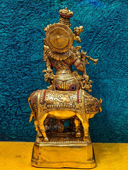 Krishna with cow Brass Idol with Brass Chipwork and Stonework 29 inch