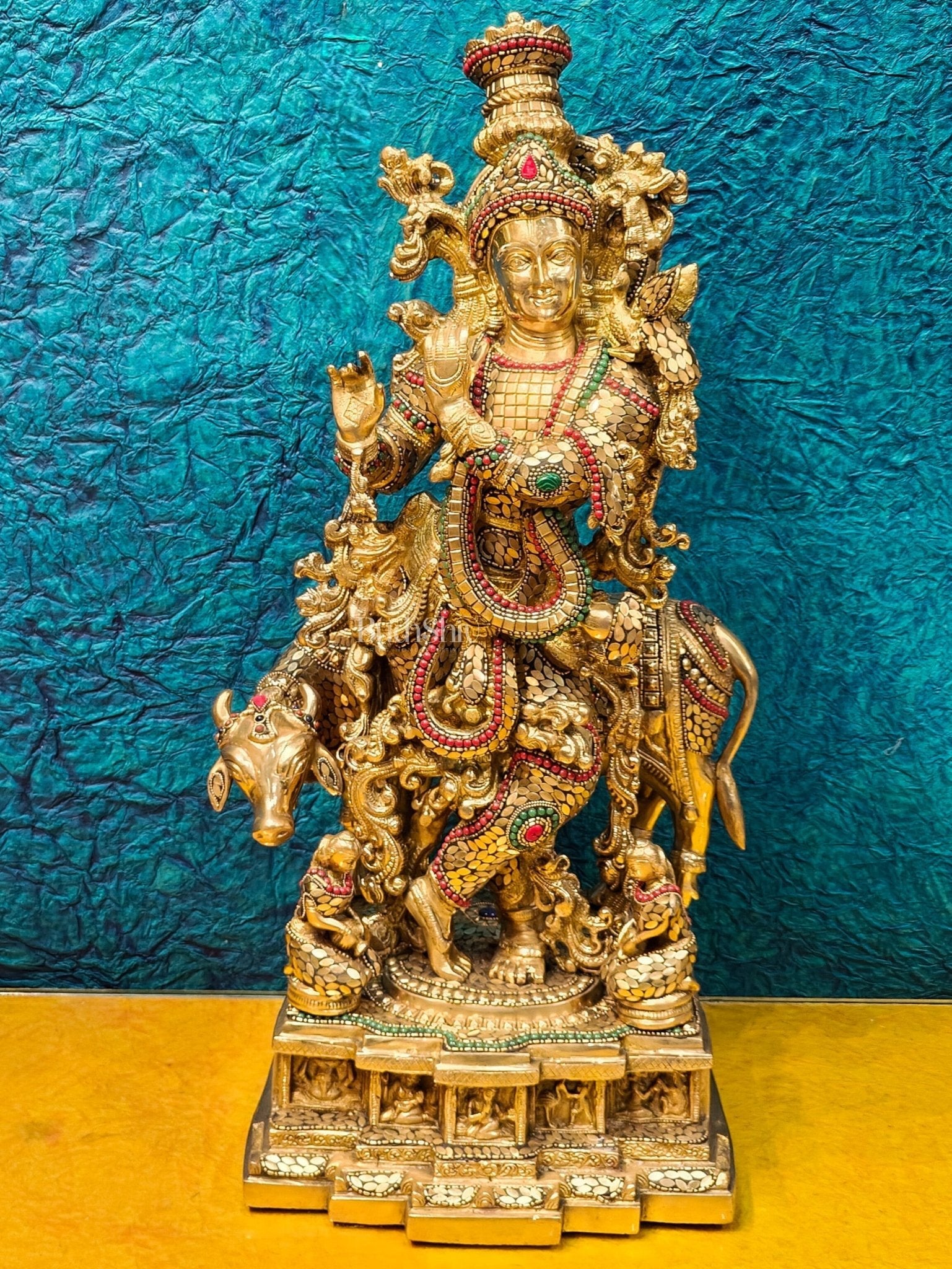 Krishna with cow Brass Idol with Brass Chipwork and Stonework 29 inch