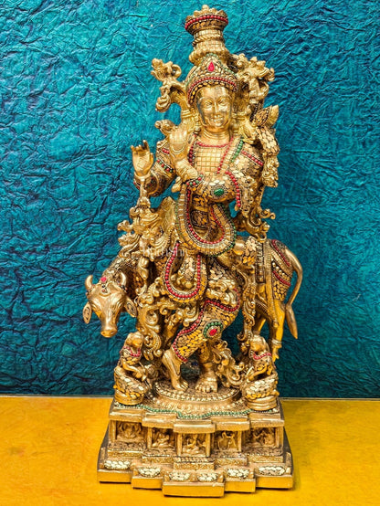 Krishna with cow Brass Idol with Brass Chipwork and Stonework 29 inch