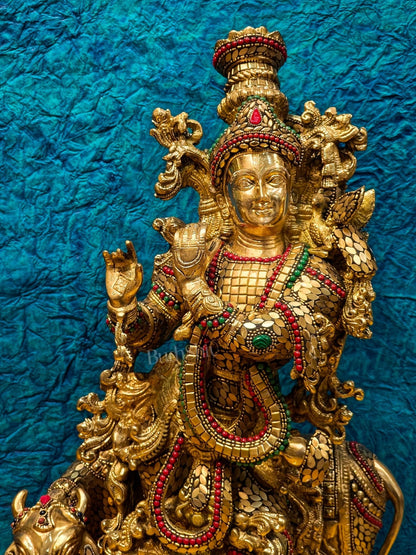Krishna with cow Brass Idol with Brass Chipwork and Stonework 29 inch