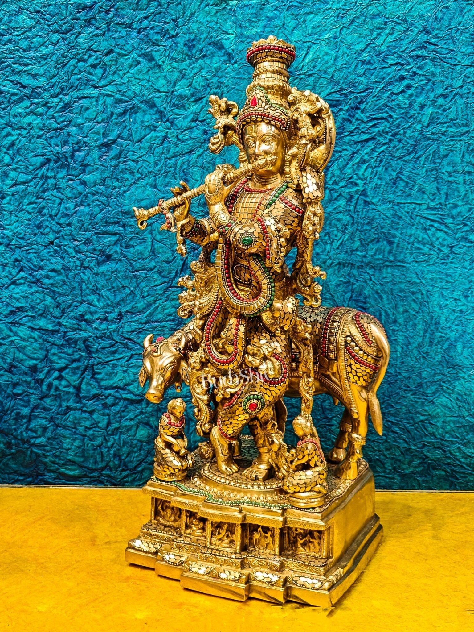 Krishna with cow Brass Idol with Brass Chipwork and Stonework 29 inch