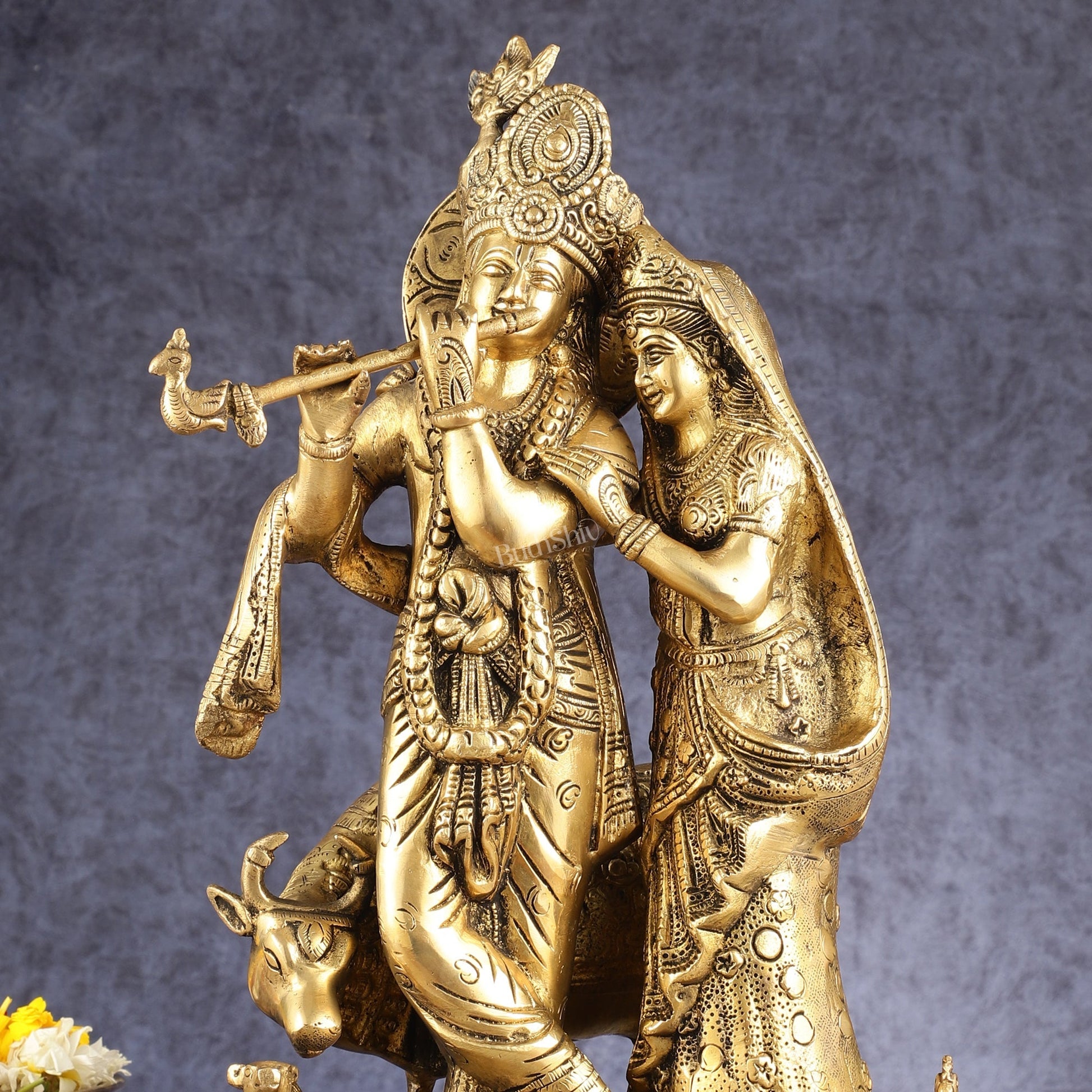 Brass Radha Krishna with Cow, Calf, and Peacock Idol 18 inch
