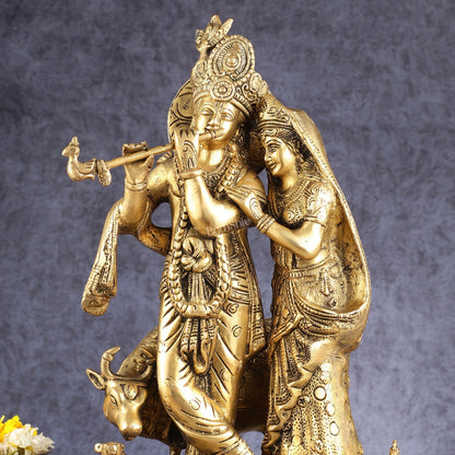 Brass Radha Krishna with Cow, Calf, and Peacock Idol 18 inch