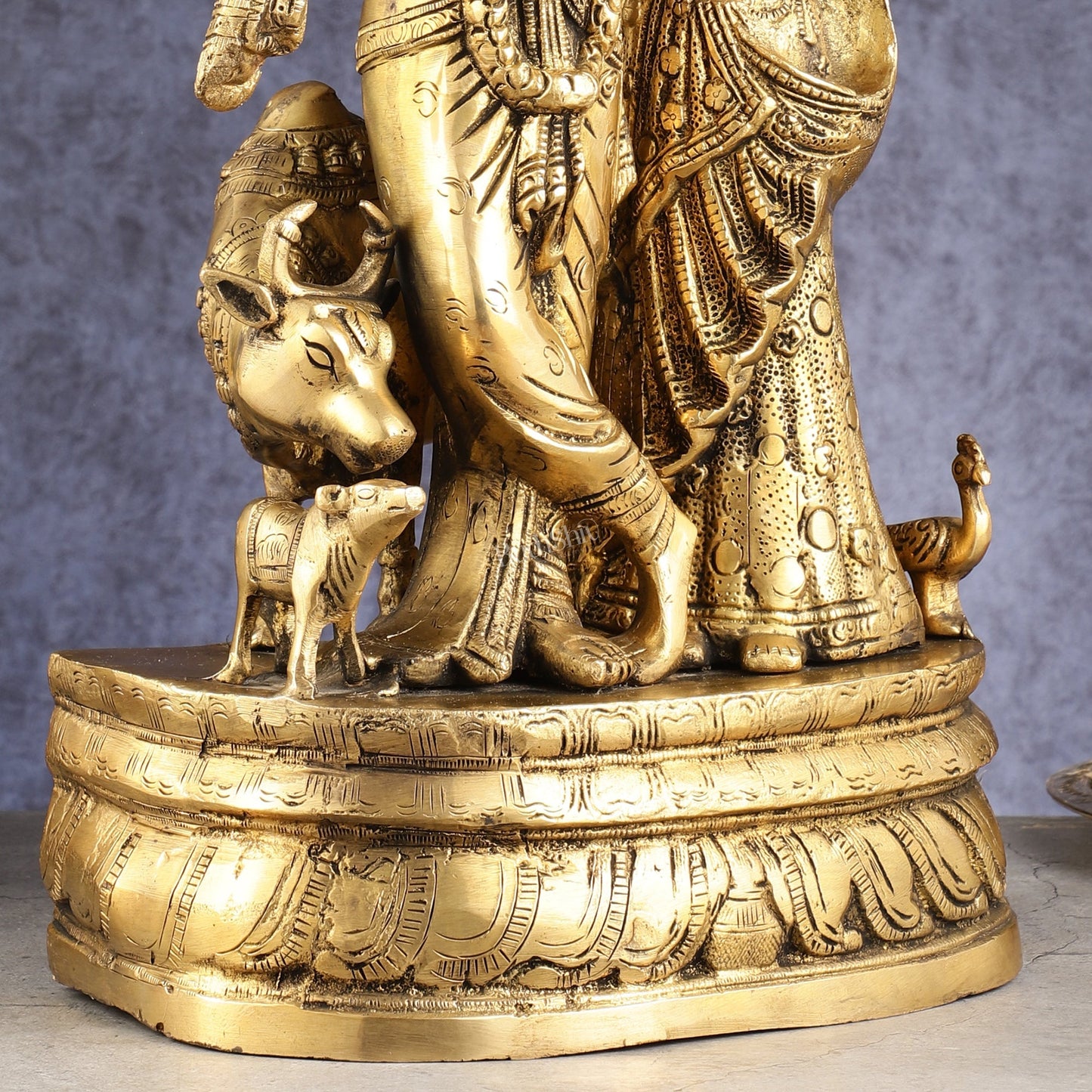 Brass Radha Krishna with Cow, Calf, and Peacock Idol 18 inch