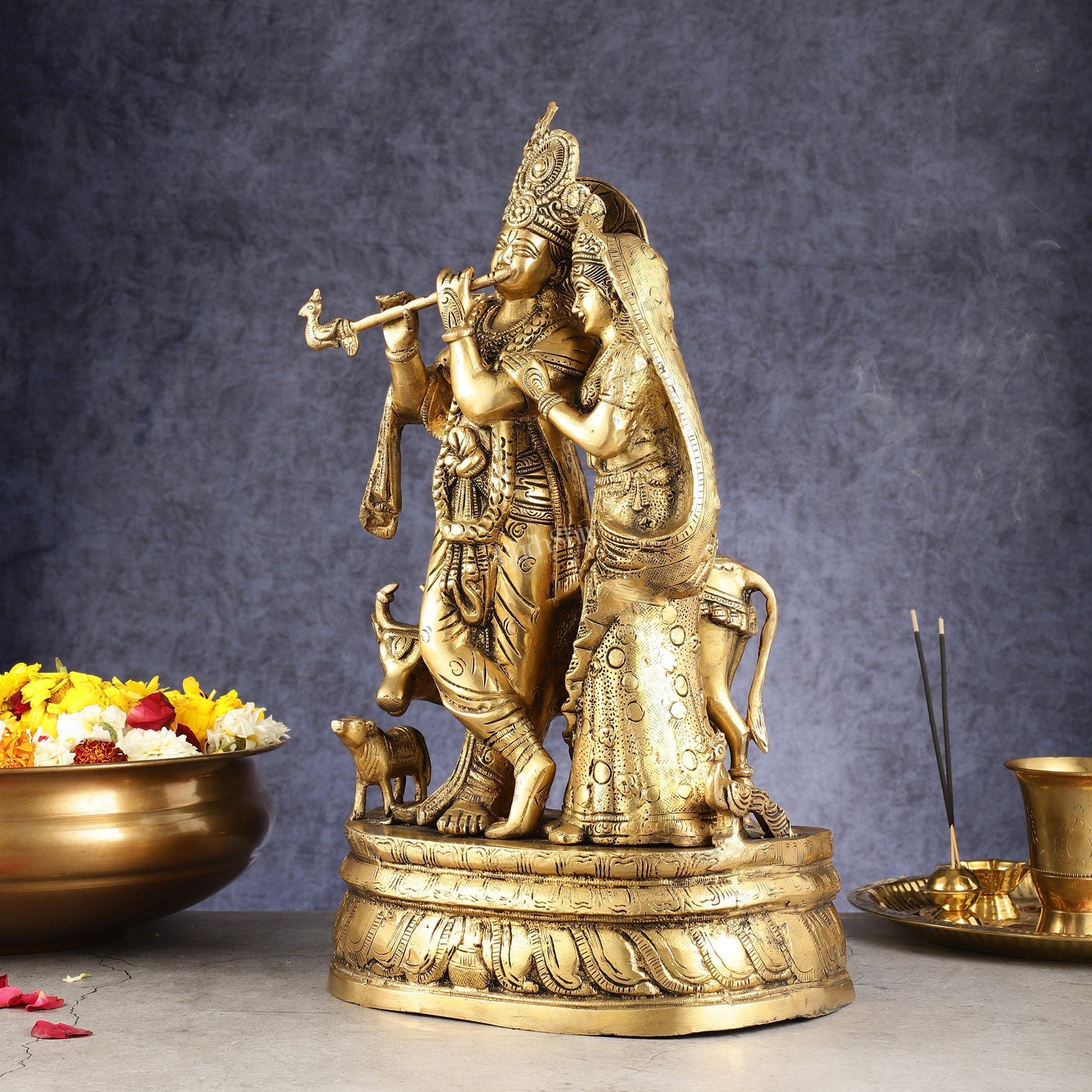 Brass Radha Krishna with Cow, Calf, and Peacock Idol 18 inch