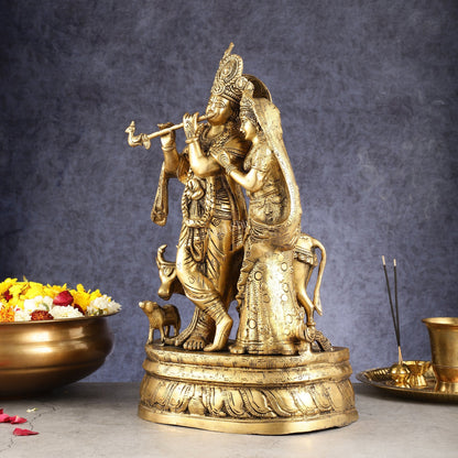 Brass Radha Krishna with Cow, Calf, and Peacock Idol 18 inch