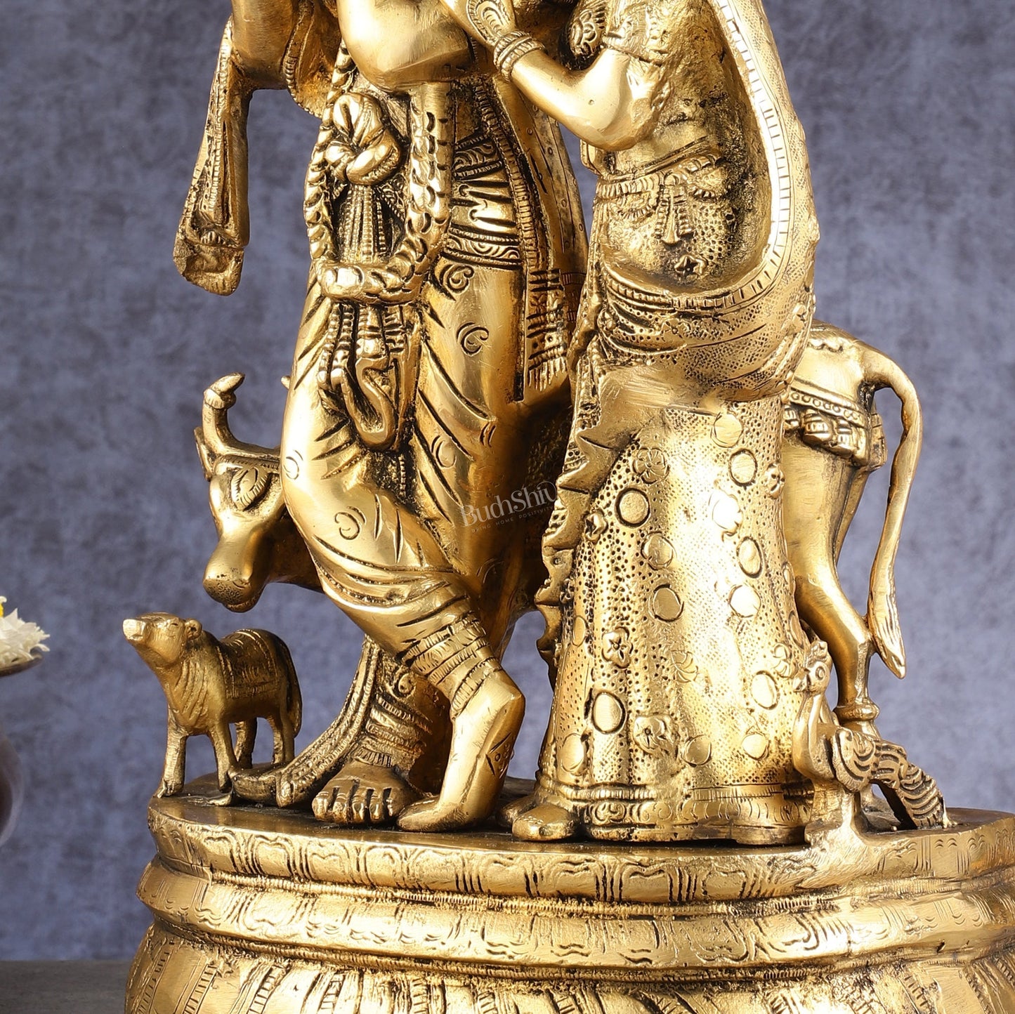 Brass Radha Krishna with Cow, Calf, and Peacock Idol 18 inch
