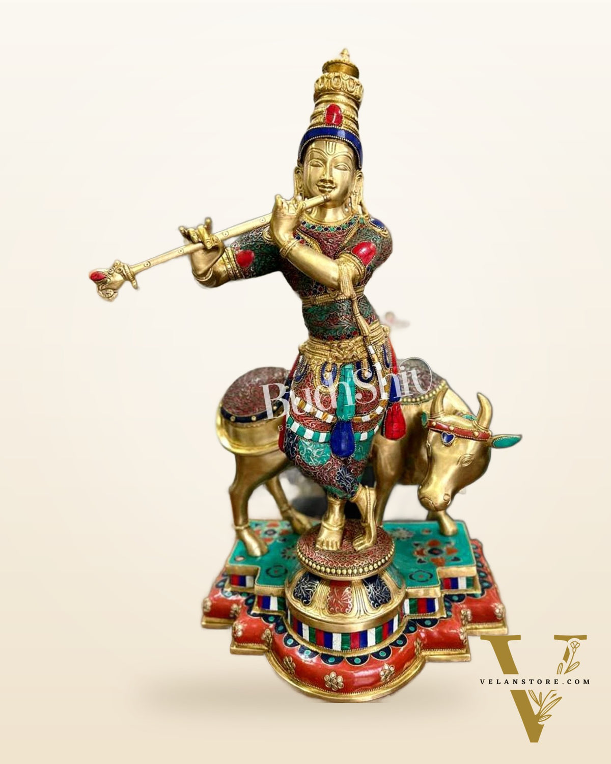 Krishna With Cow statue - Fine Brass - Meenakari Stonework - 25.5 inch