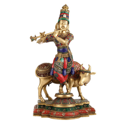 Superfine Krishna with Cow Sculpture - Meenakari Stonework, 26" Tall, 28kg