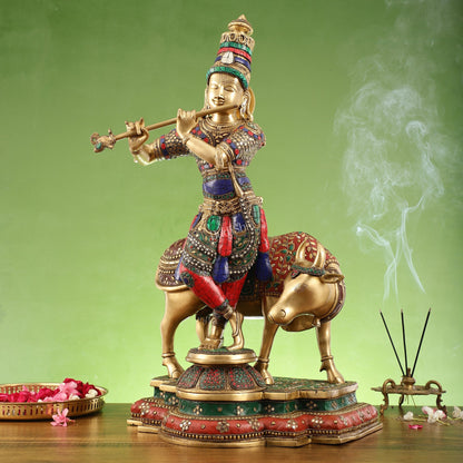 Superfine Krishna with Cow Sculpture - Meenakari Stonework, 26" Tall, 28kg