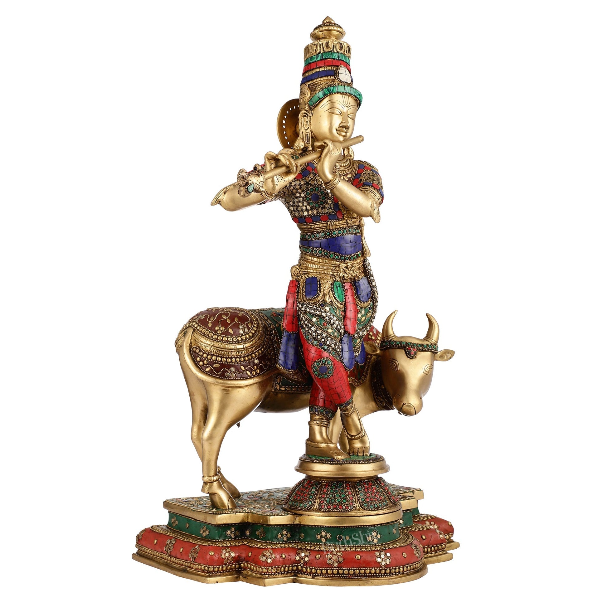 Superfine Krishna with Cow Sculpture - Meenakari Stonework, 26" Tall, 28kg