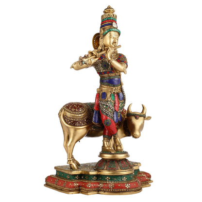 Superfine Krishna with Cow Sculpture - Meenakari Stonework, 26" Tall, 28kg