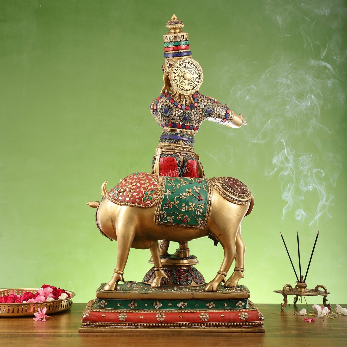 Superfine Krishna with Cow Sculpture - Meenakari Stonework, 26" Tall, 28kg