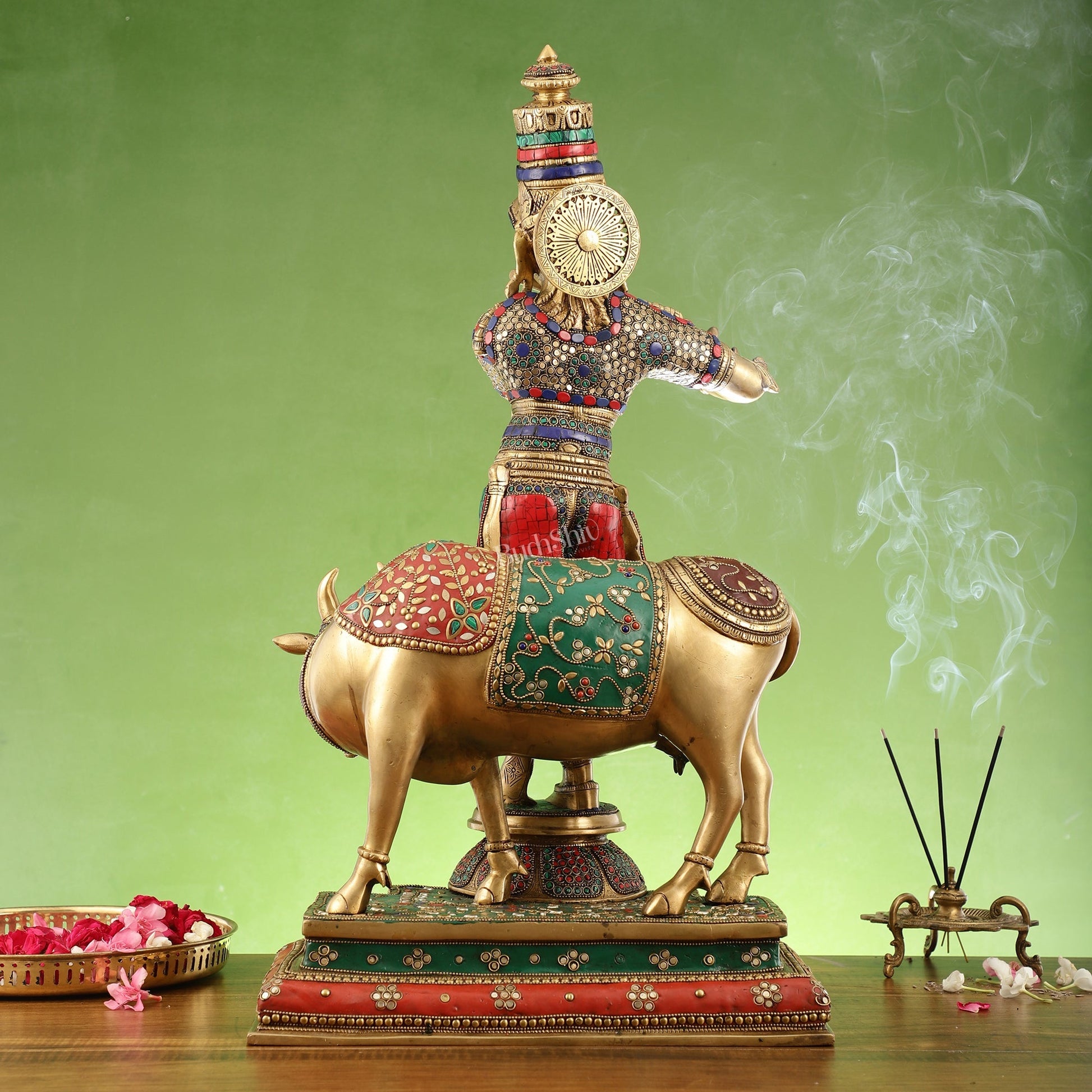 Superfine Krishna with Cow Sculpture - Meenakari Stonework, 26" Tall, 28kg