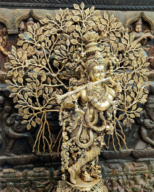 Krishna with Kalpavriksha Tree Superfine Brass Idol - 35"
