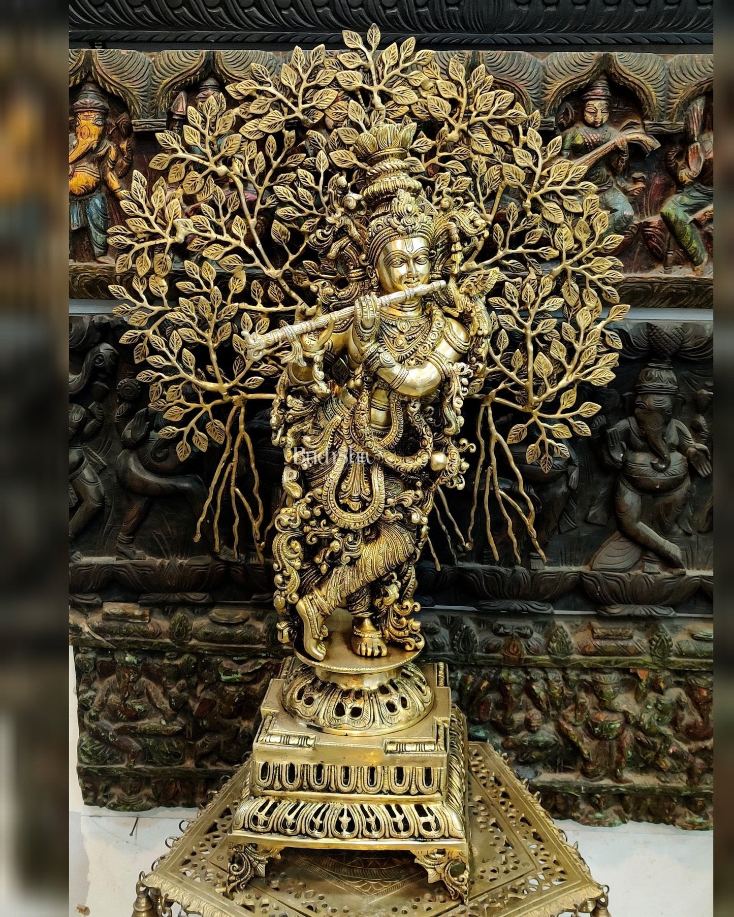Krishna with Kalpavriksha Tree Superfine Brass Idol - 35"