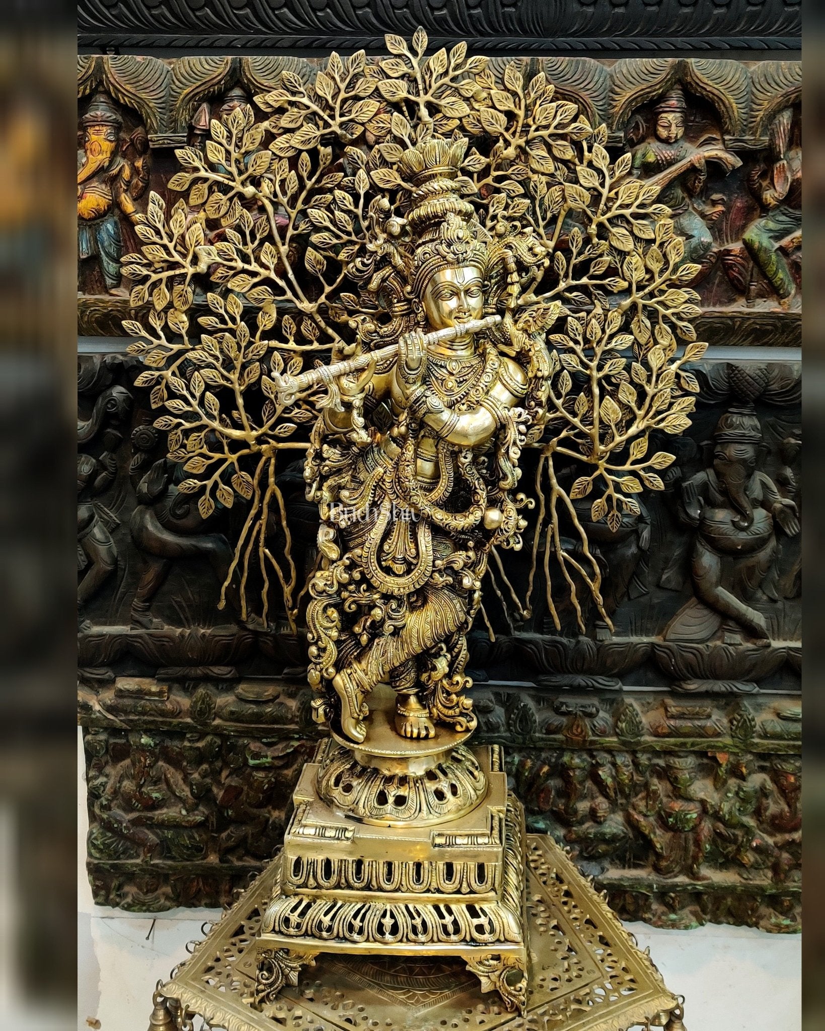 Krishna with Kalpavriksha Tree Superfine Brass Idol - 35"