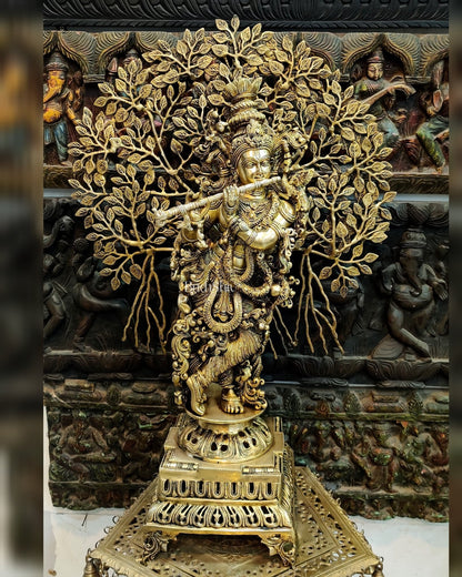 Krishna with Kalpavriksha Tree Superfine Brass Idol - 35"