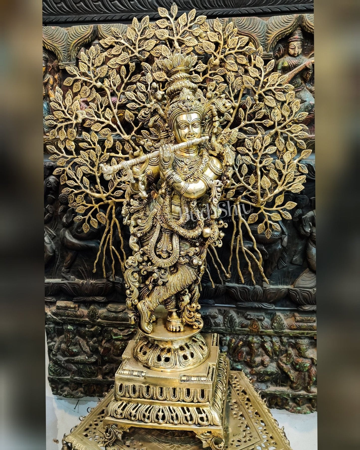 Krishna with Kalpavriksha Tree Superfine Brass Idol - 35"