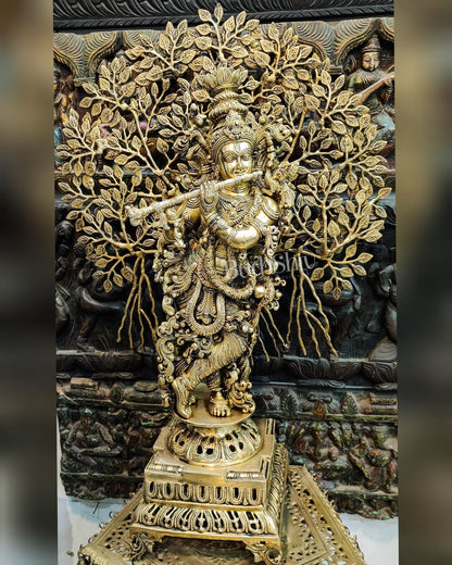Krishna with Kalpavriksha Tree Superfine Brass Idol - 35"